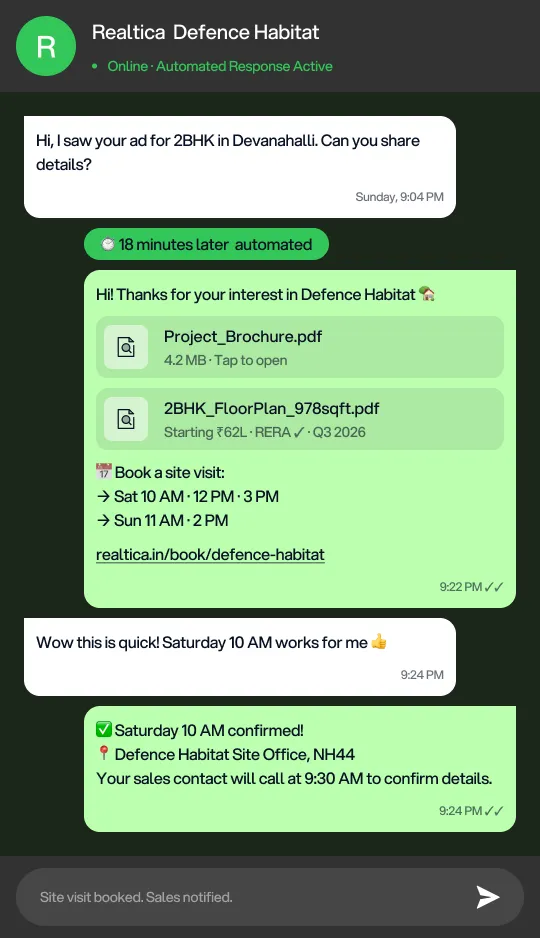 Real estate WhatsApp automation Defence Habitat conversation 9 PM Sunday booking