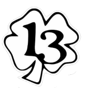 Black number 13 stylized inside the outline of a four-leaf clover shape on a white background.
