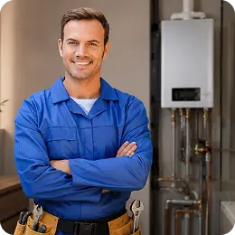 Smiling plumber in blue uniform stands with arms crossed near a boiler in a utility room.