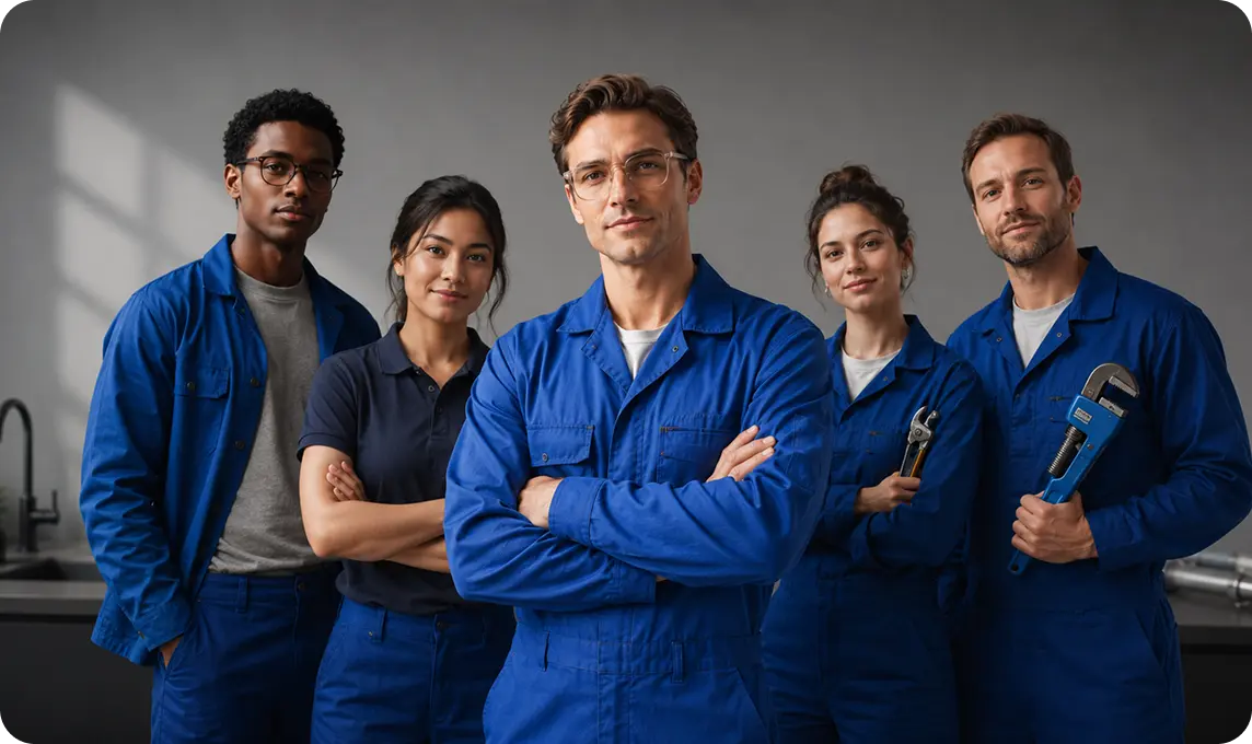 Five confident plumbers in blue uniforms posing with plumbing tools in a workshop.