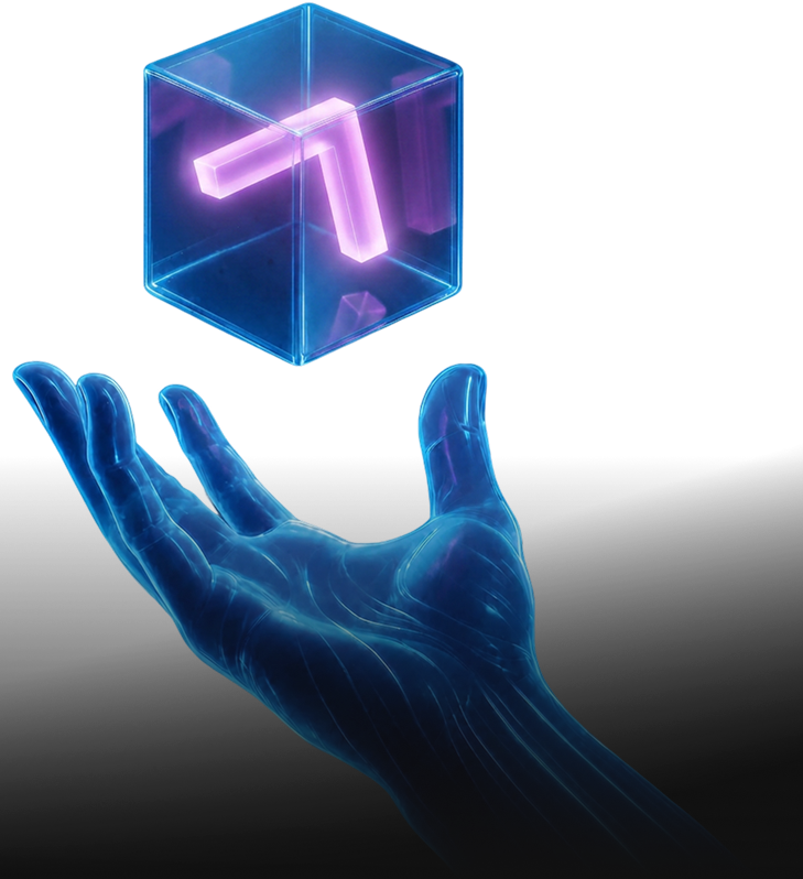 Glowing blue hand reaching towards a transparent cube with a glowing pink angled symbol inside.