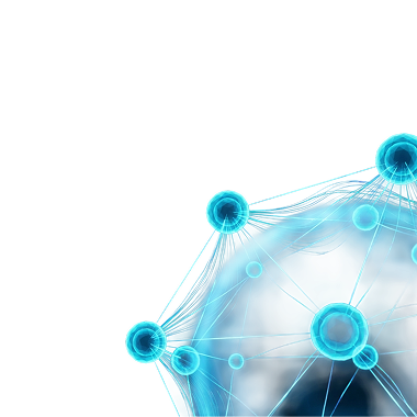 Blue glowing molecular or network structure with spheres connected by lines on black background.