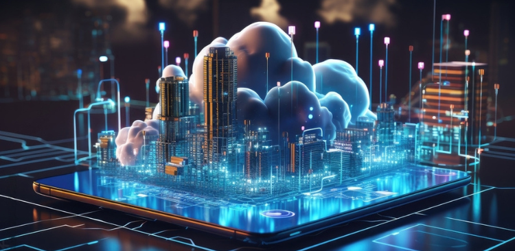 IT infrastructure visualised as a connected city on a tablet