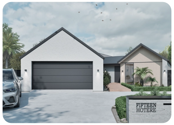 Modern house with two-tone exterior, double garage, front porch with plants, and driveway with a parked car.