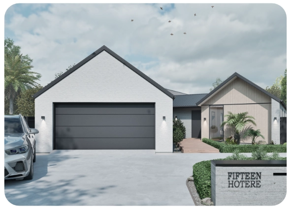 Modern single-story house with white and beige exterior, dark garage door, driveway, and a sign saying 'Fifteen Hotere'.