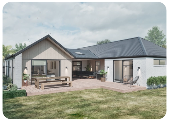 Modern single-story house with gray metal roof, outdoor wooden deck, seating, and lawn.