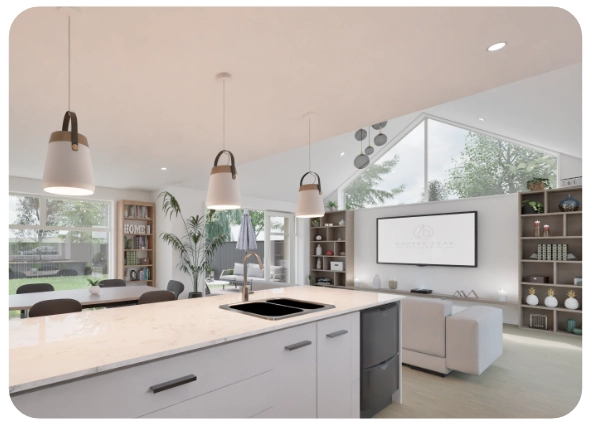Modern kitchen island with sink and pendant lights overlooking a bright living room with large windows.