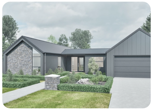 Modern single-story house with stone and dark gray exterior, large garage, and landscaped front yard.