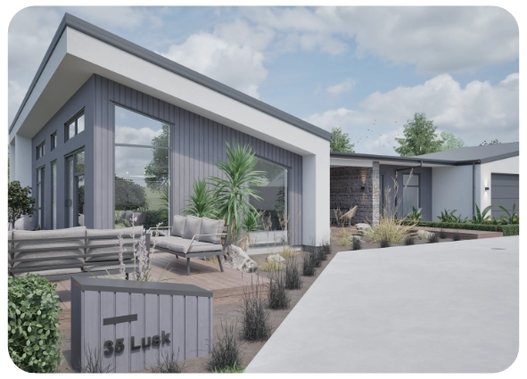 Modern gray house with slanted roof, large windows, outdoor seating, and landscaping at 35 Lusk.