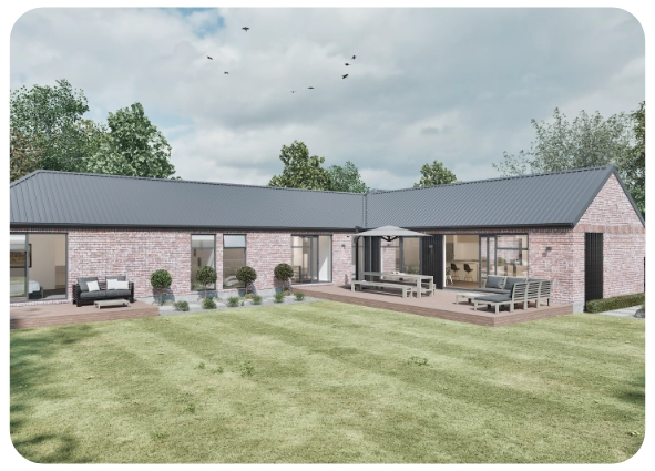 Modern one-story brick house with dark roof, large windows, patio furniture, and spacious green lawn.