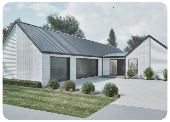 Modern white house with dark roof, two large garage doors, and landscaped front yard.