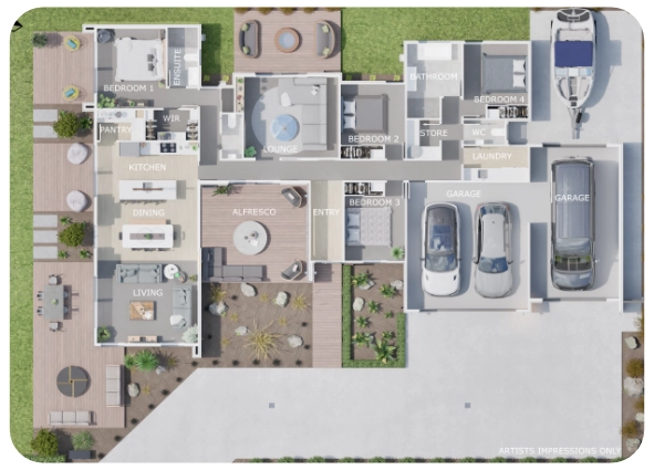 3D floor plan of a house with four bedrooms, two garages, alfresco area, lounge, kitchen, and living spaces.