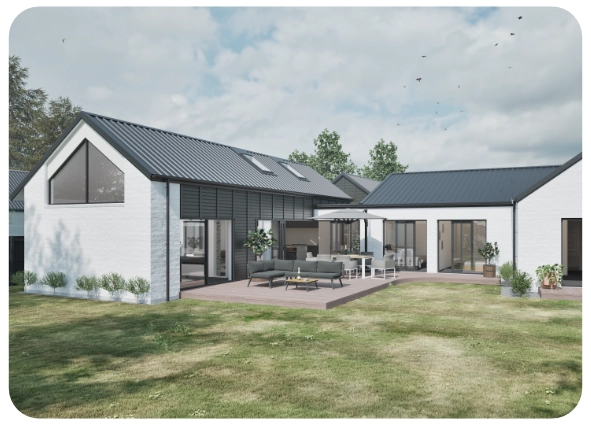 Modern white house with dark roof, large windows, patio furniture, and a grassy yard.
