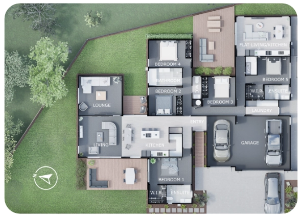 3D floor plan showing a house with five bedrooms, living areas, kitchen, garage, and outdoor spaces.