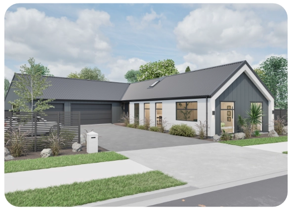 Modern single-story house with dark roof, white walls, large garage, and landscaped front yard.