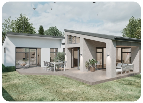 Modern one-story house with slanted roofs, large windows, outdoor table and chairs on a deck, surrounded by grass.