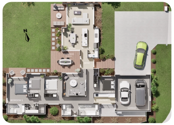 Top-down view of a house floor plan showing bedrooms, living areas, kitchen, garage, and outdoor patio.