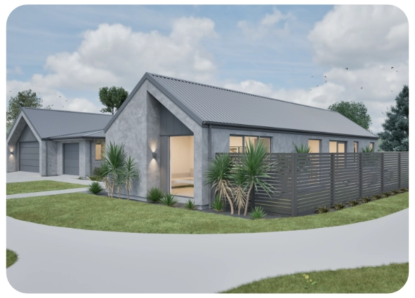Modern single-story gray house with a sloped metal roof, enclosed patio, and landscaped yard.