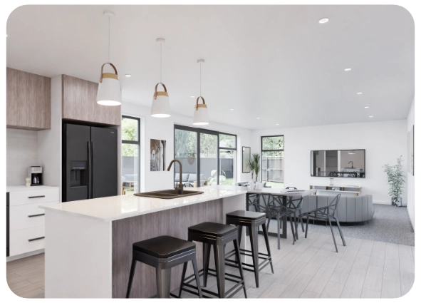 Modern open kitchen and living room with white island, black stools, dining table, and large windows.