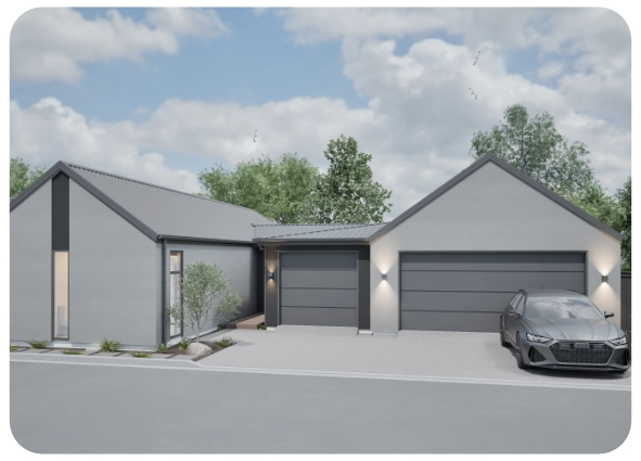 Modern gray house with pitched roof, three garage doors, and a car parked in the driveway.