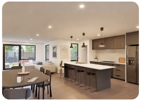 Modern open kitchen with island, four stools, dining table, and large windows letting in natural light.