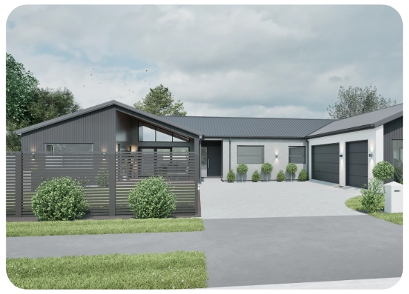 Modern single-story house with dark gray siding, large driveway, garage, and landscaped shrubs.