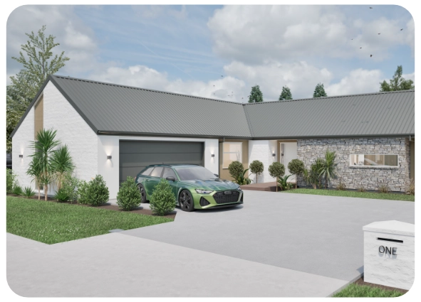 Modern single-story house with gray roof, stone and white walls, driveway, and green car parked outside.