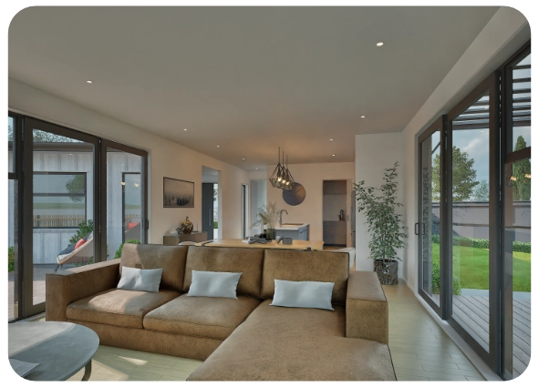 Modern living room with large brown sofa, white cushions, glass doors, and dining area in the background.