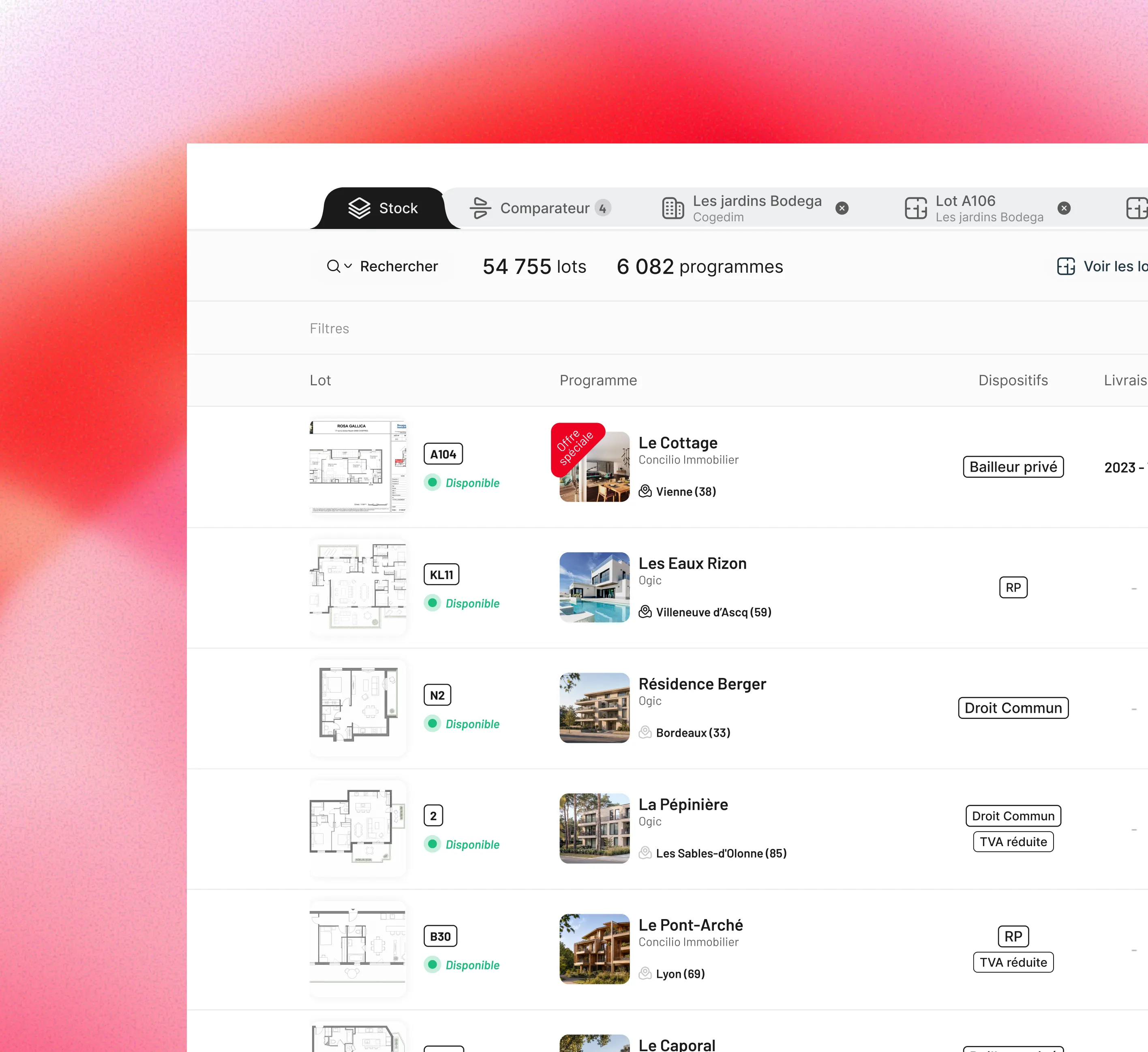 Interface du logiciel Otaree sur fond dégradé : vue du stock de lots immobiliers avec filtres et liste de programmes.