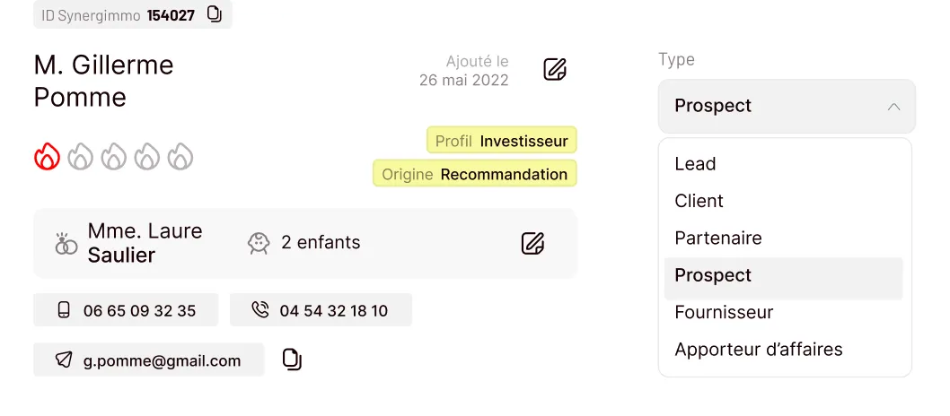 Fiche contact de M. Alban Pommeret, prospect investisseur, avec téléphone, e-mail, situation familiale et parrainage.