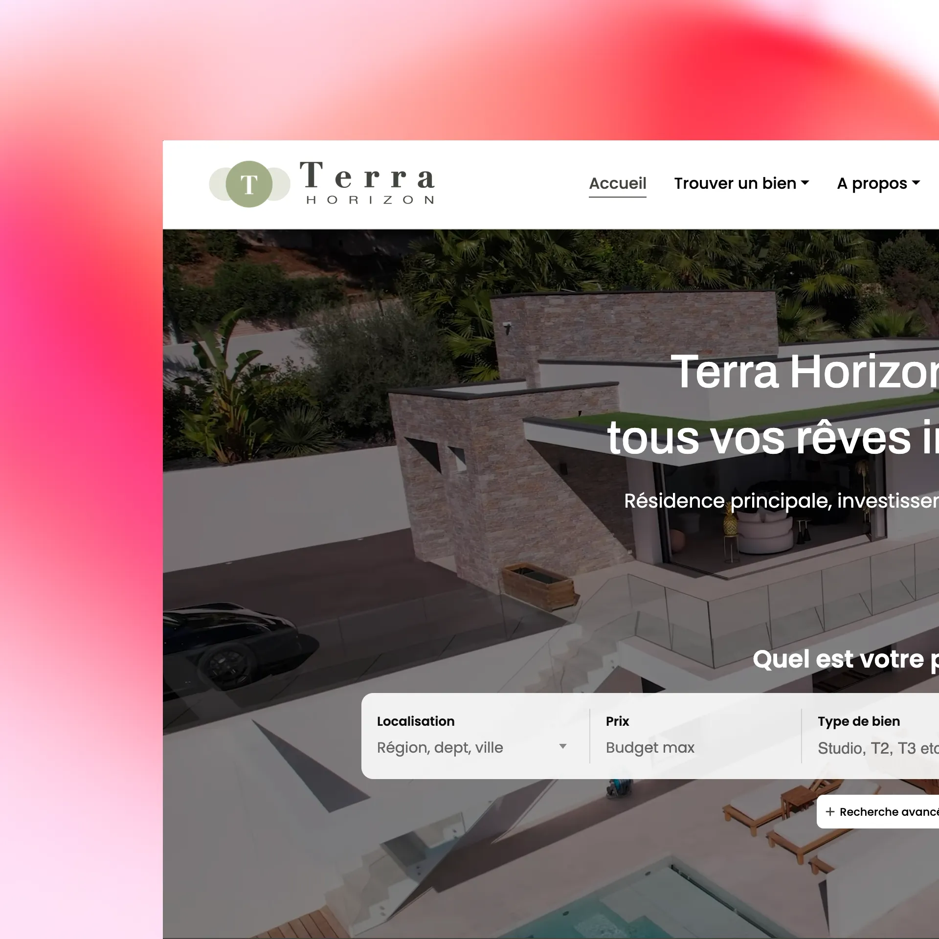 Page d'accueil du site Terra Horizon réalisé avec Otaree, avec moteur de recherche de biens immobiliers.