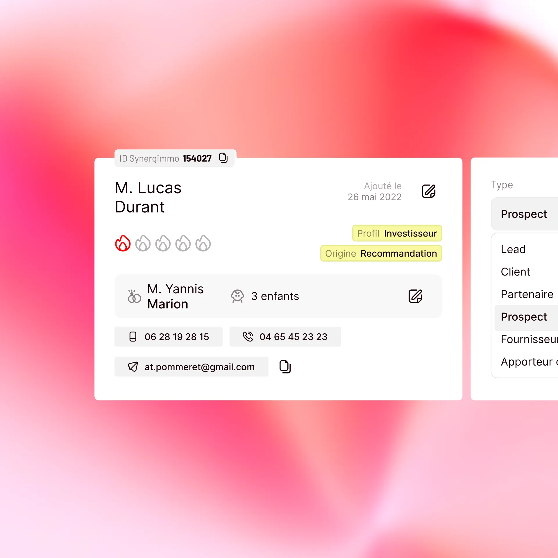 Fiche contact du CRM Otaree : profil investisseur, origine, foyer, coordonnées et type de contact.