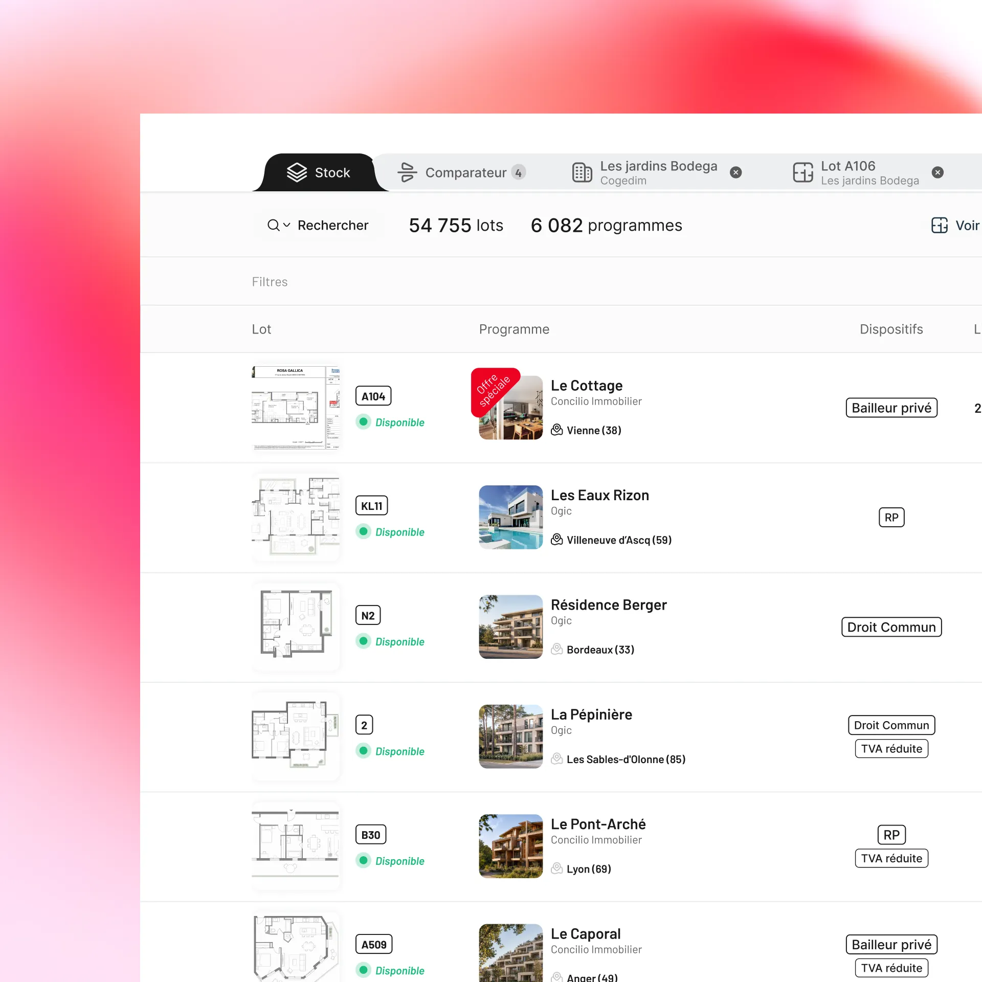 Moteur de recherche Otaree : stock de lots et programmes avec plans, disponibilité et dispositifs fiscaux.