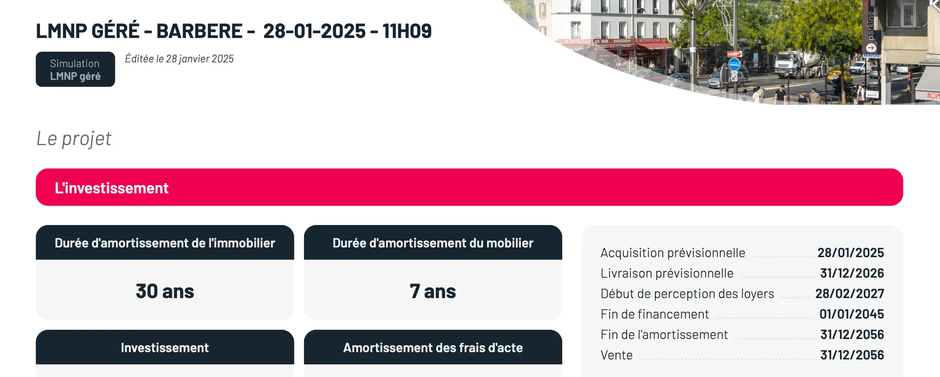 Restitution d'une simulation LMNP géré dans Otaree : durées d'amortissement et calendrier du projet.