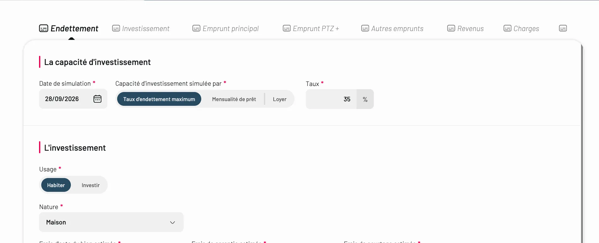 Formulaire de simulation Otaree : capacité d'investissement, endettement, emprunts, revenus et charges.
