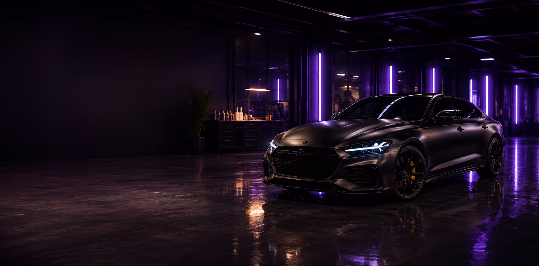 Sleek black sports car with illuminated headlights in a dim garage with purple neon lights.