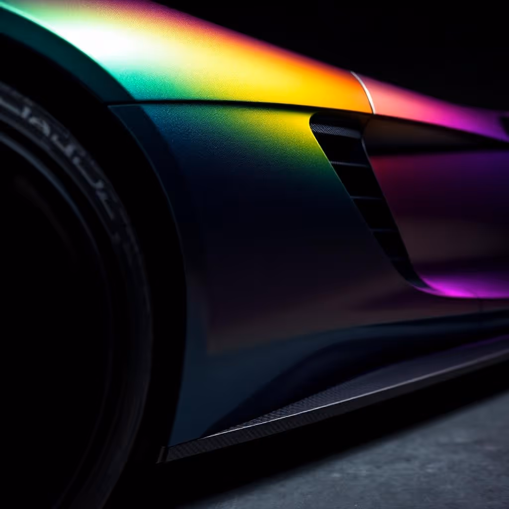 Close-up of a car's side panel showing iridescent paint shifting from green to pink and black vents.