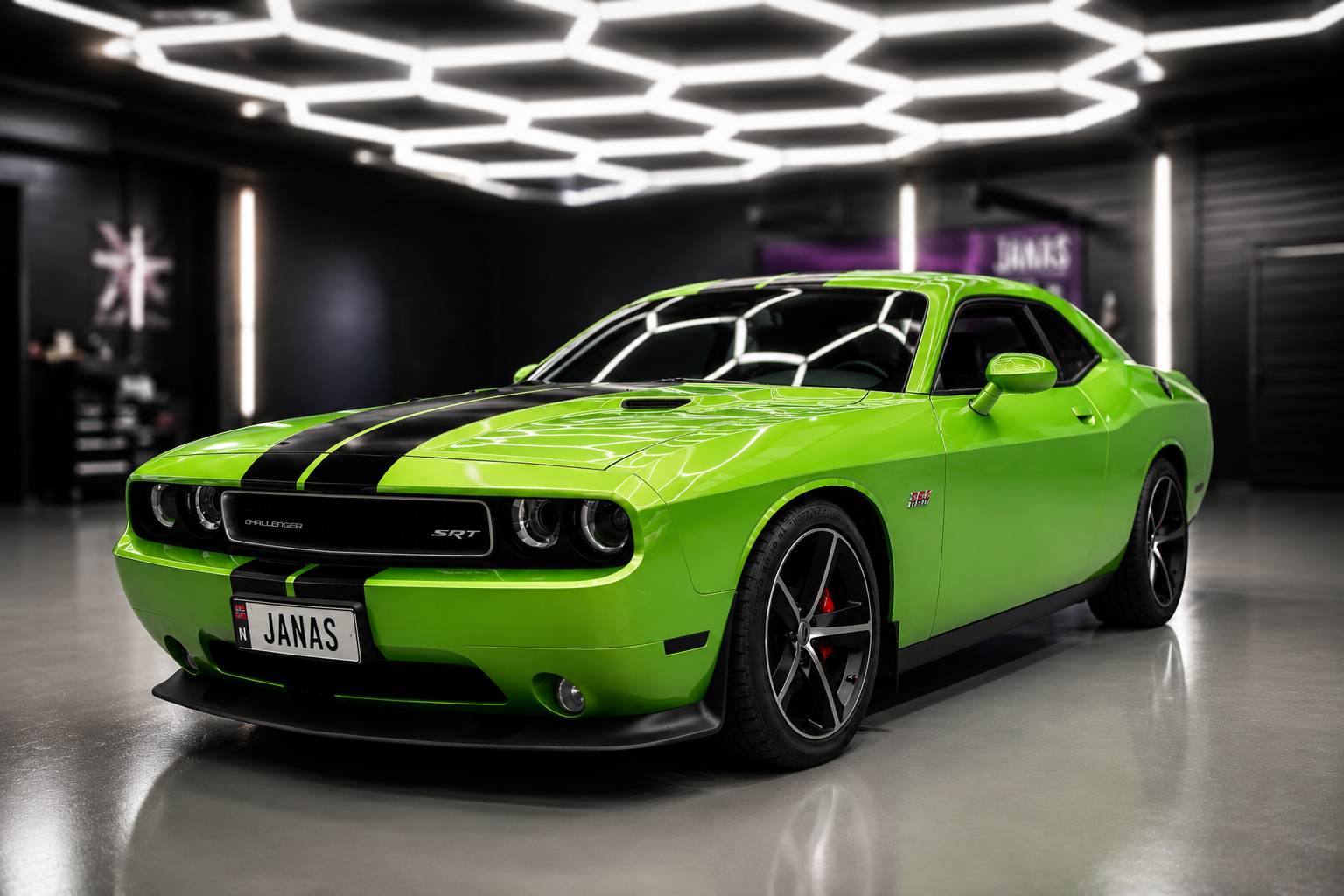 Bright green Dodge Challenger SRT with black racing stripes parked indoors under hexagonal lights.
