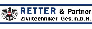 Logo for RETTER & Partner Ziviltechniker Ges.m.b.H. with an eagle emblem and blue underline.