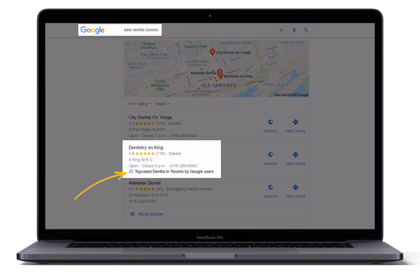 Google search results on a laptop for 'best dentist Toronto' highlighting Dentistry on King with 4.8 stars.