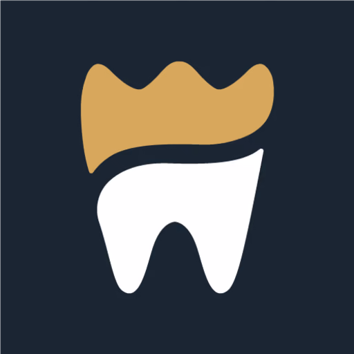 Logo with a stylized tooth and a gold crown shape on top against a dark background.