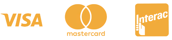 Logos of payment methods: Visa, Mastercard, and Interac side by side.