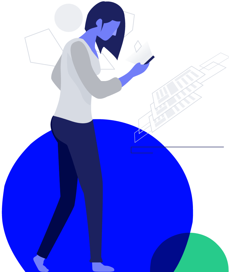 Illustration of a person holding documents with floating papers and geometric shapes in background.