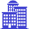 Icon of three blue office buildings of varying heights on a white background.