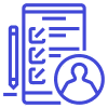 Blue icon of a document with a profile silhouette and data symbol, representing personal data.