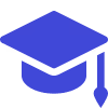 Blue graduation cap icon with tassel on the right side.