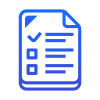 Blue icon of two overlapping documents, one with a checklist and a checkbox marked.