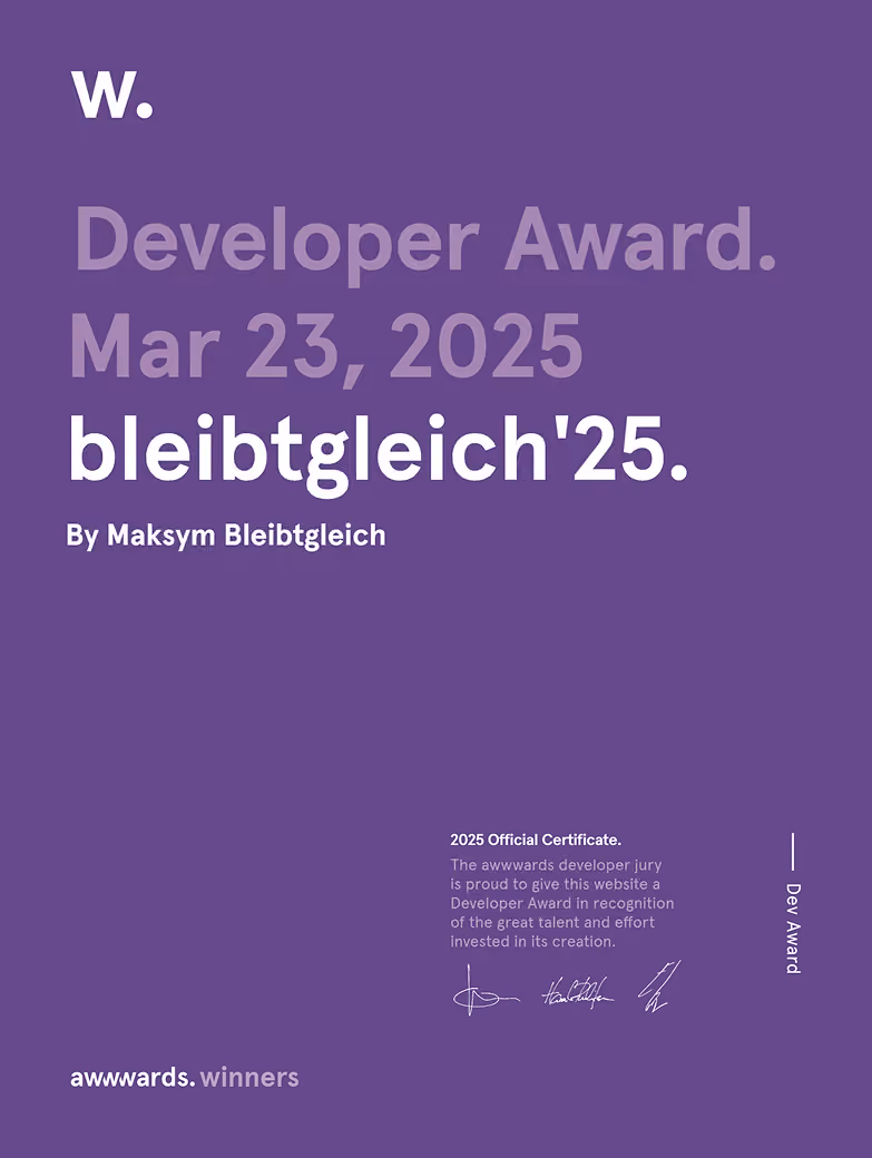 Awwwards Developer Award certificate for bleibtgleich'25, March 23, 2025