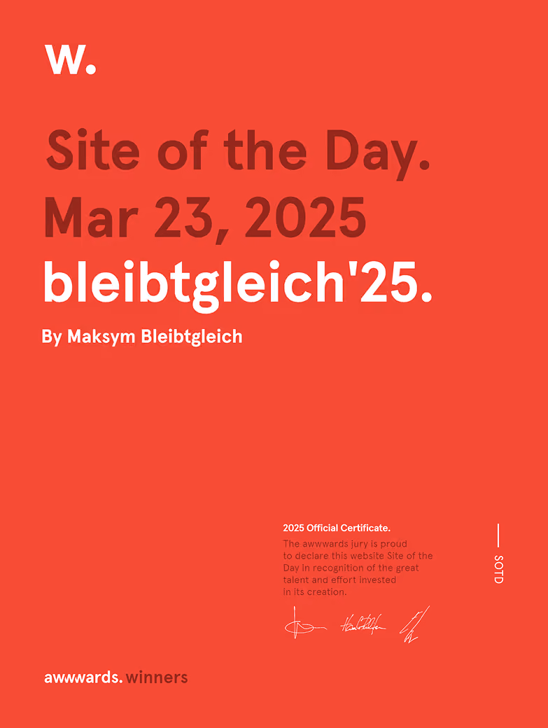 Awwwards Site of the Day certificate for bleibtgleich'25, March 23, 2025