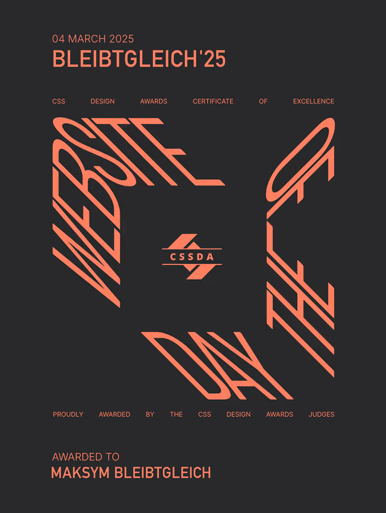 CSS Design Awards Website of the Day certificate for bleibtgleich'25, March 4, 2025